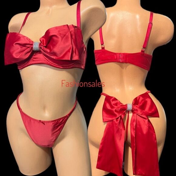 Victorias Secret LUXE Satin Embellished Bow Set Dream Angels Push Up Bra & Thong - Picture 1 of 7